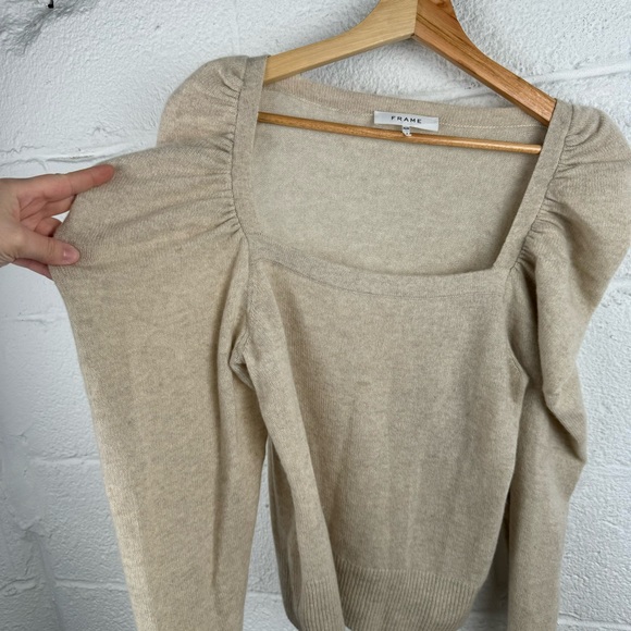 FRAME Oatmeal Heather Cashmere Puff Sleeve Sweater | Size M - Picture 4 of 7